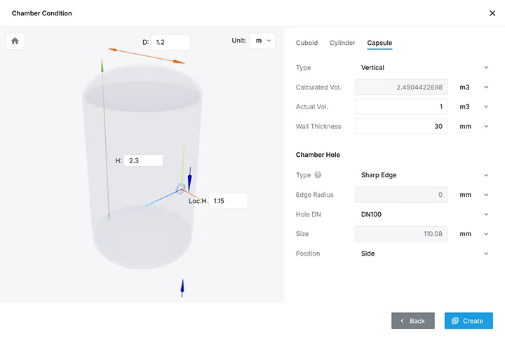 Chamber model configuration by selecting chamber type by shape and inputting characteristics & conditions such as size, volume, etc.