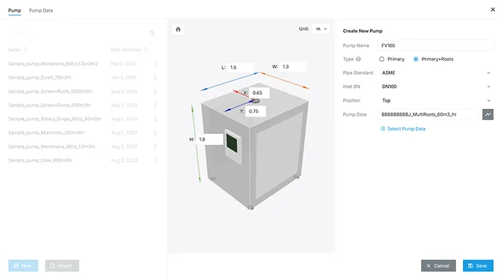 Pump model configuration by selecting the pump type and inputting characteristics & conditions such as pump size, inlet size and pumping speed.